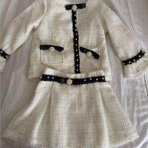 Girls' Ivory Tweed Formal Jacket & Skirt Set with Black Trim